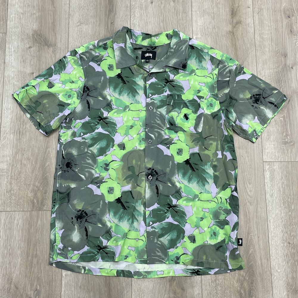 Stüssy Floral Hawaiian Watercolor Button Up Shirt Green Size Large L SF